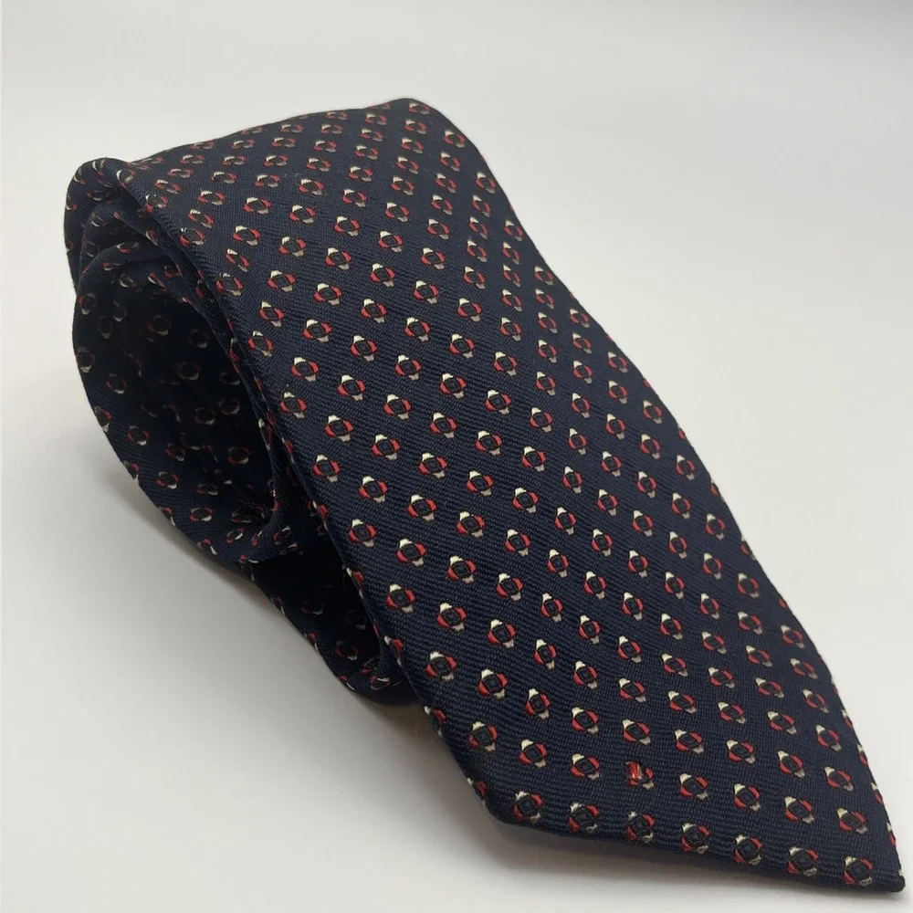Turnbull & Asser Dark Navy Blue Red Geometric Pattern Silk Tie Made In England